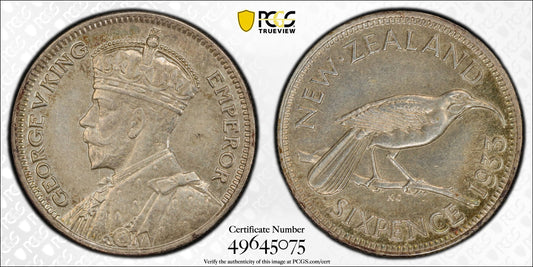 1933 New Zealand Sixpence PCGS MS63